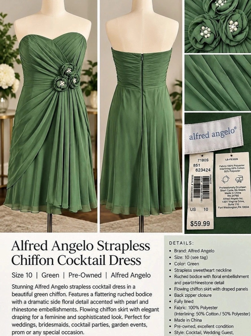 Alfred Angelo Strapless Chiffon Cocktail Dress Style 7180S in Green Size 10 Like